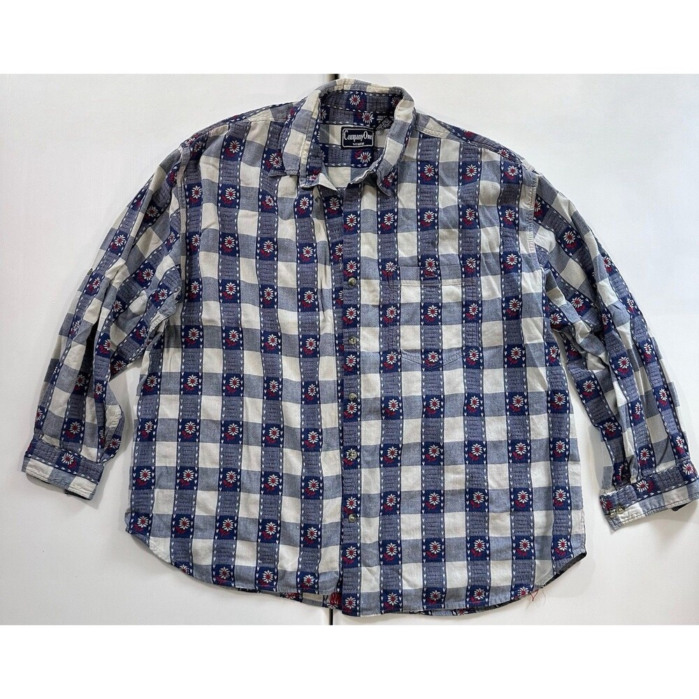 Vintage 90s Company One Womens 2XL Blue Floral Plaid Button Shirt